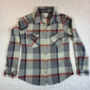 RVCA 100% Cotton Flannel Shirt Women Small Cream Navy Plaid Excellent